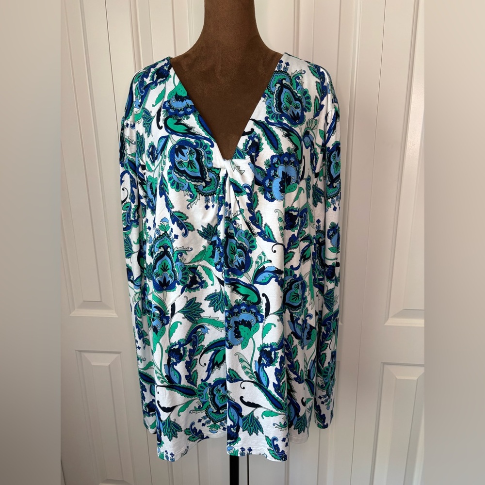 Liz Claiborne Womens V Neck 3/4 Sleeve Blouse in Superbloom Crema, Size 3X